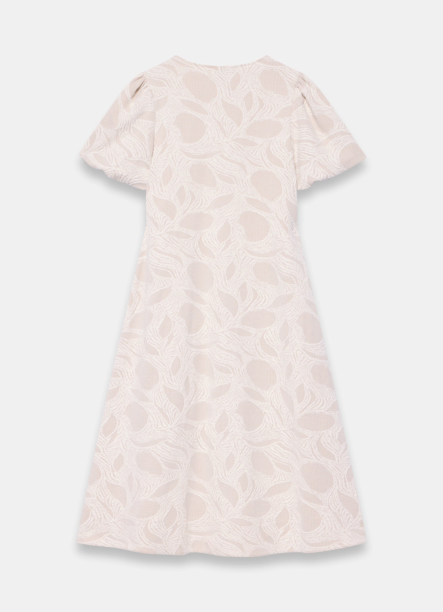 Neutral Jacquard Puff Sleeve Midi Dress