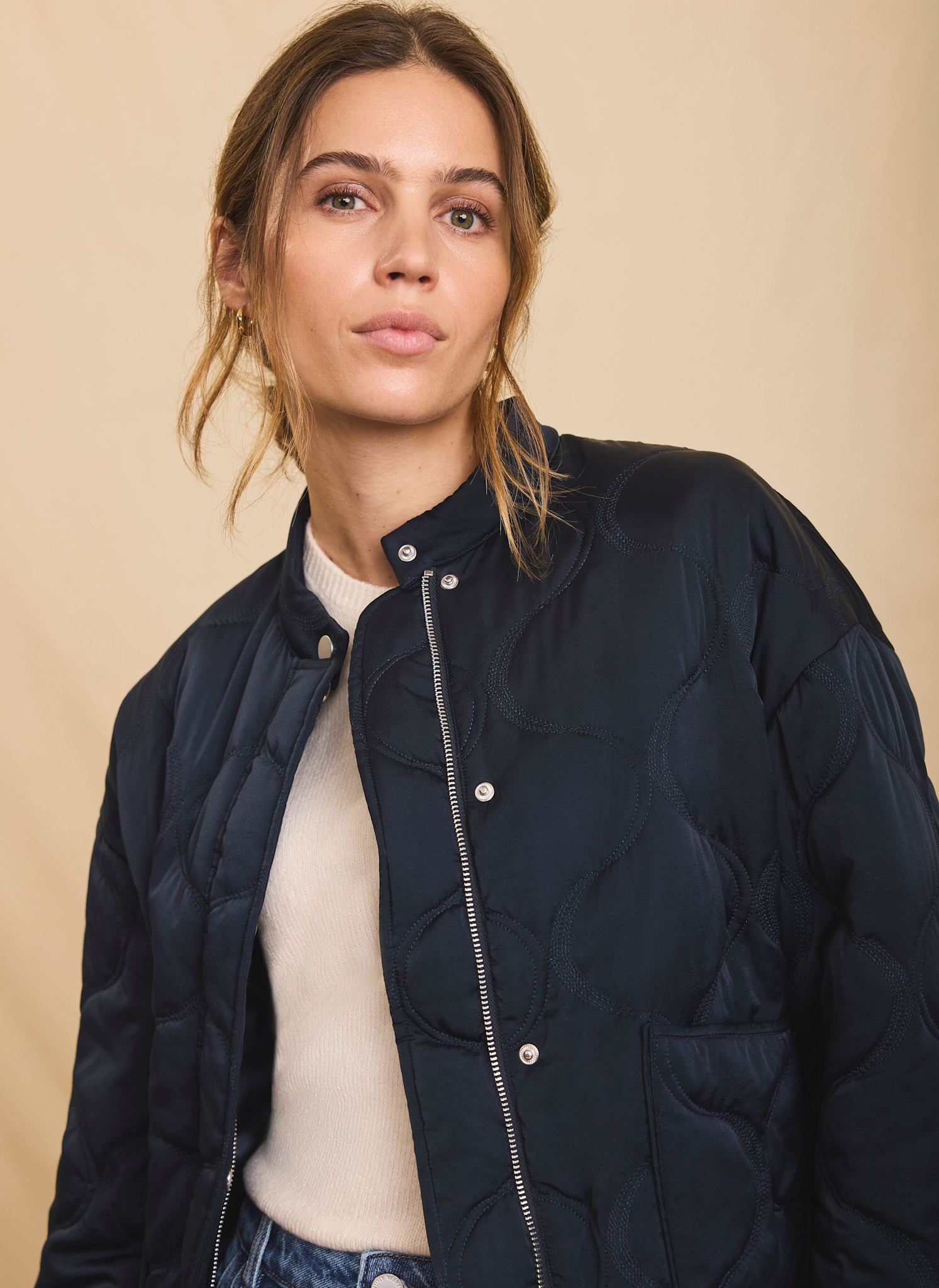 Navy Quilted Bomber Jacket