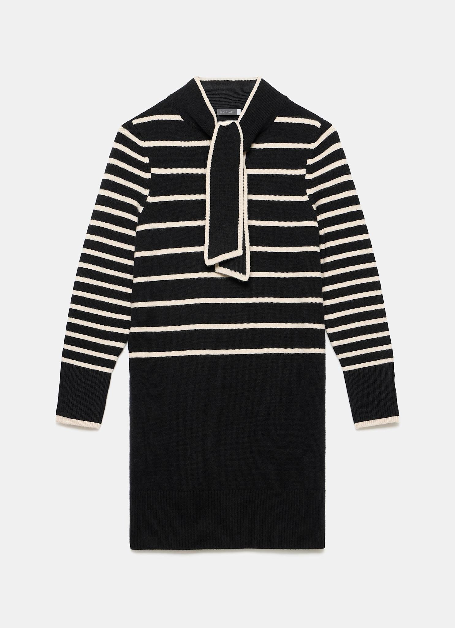 Black Striped Scarf Detail Knit Mini Dress