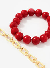 Red Beaded and Chain Layer Bracelet