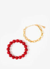 Red Beaded and Chain Layer Bracelet