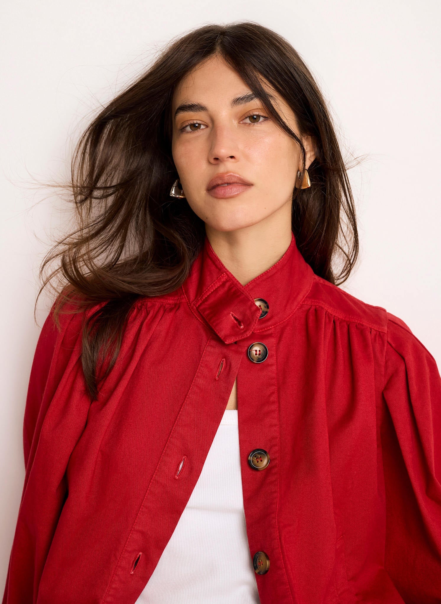 Red Cotton Blend Puff Sleeve Jacket