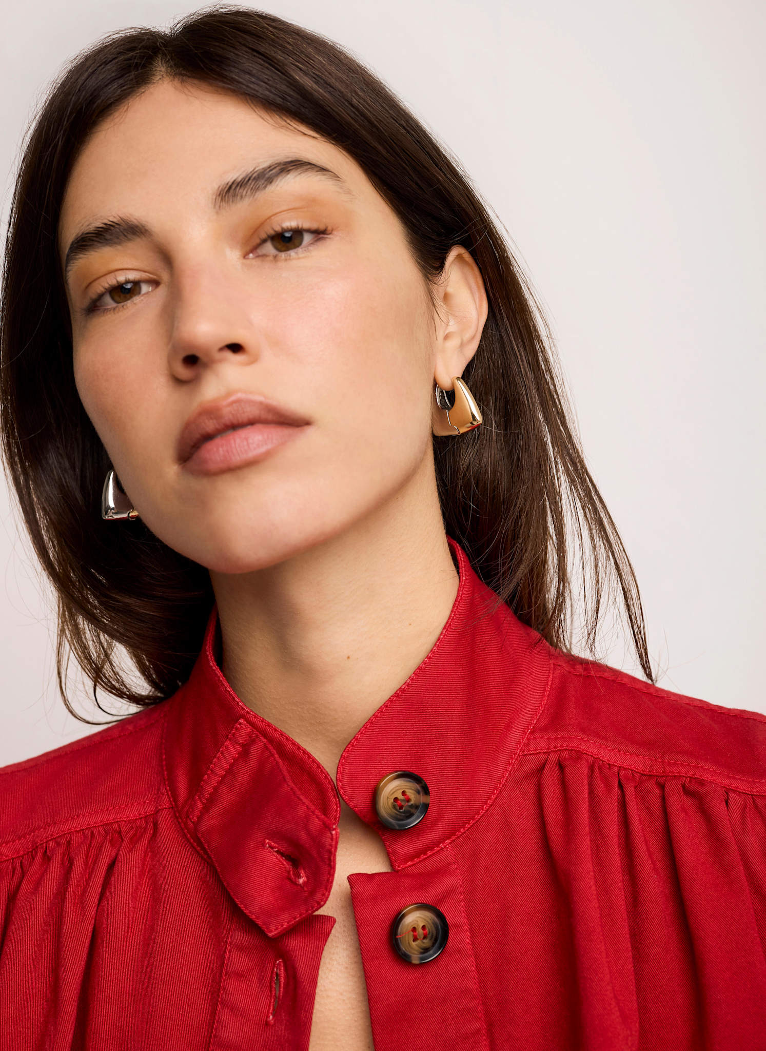 Red Cotton Blend Puff Sleeve Jacket