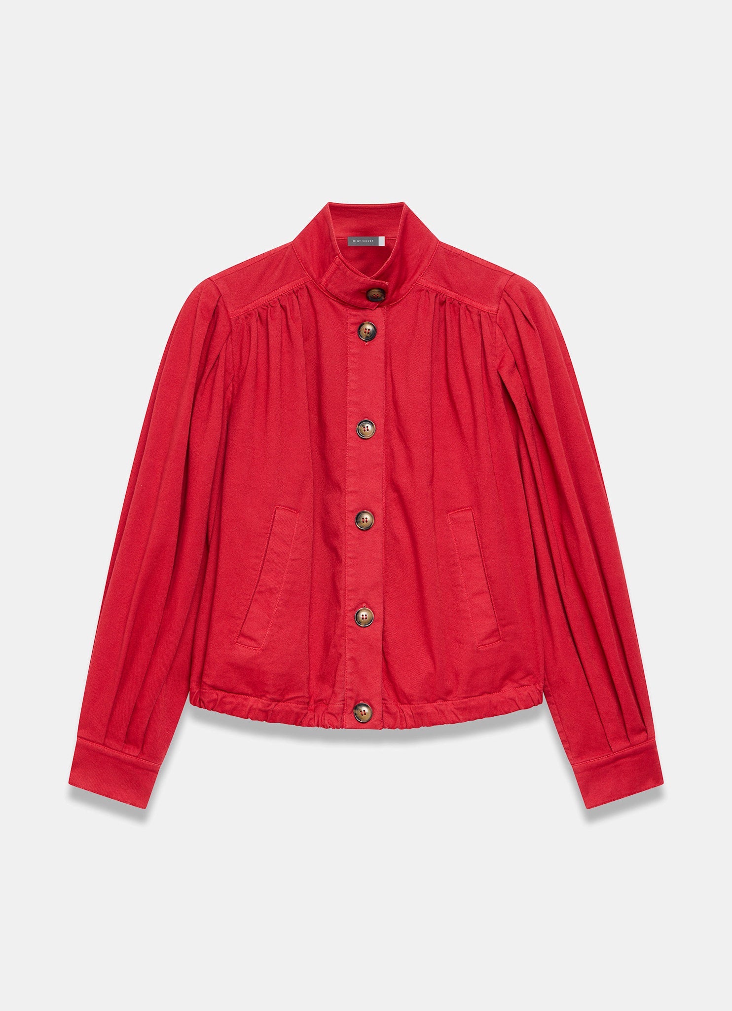 Red Cotton Blend Puff Sleeve Jacket