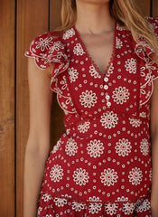 Red Cotton Broderie Midi Dress