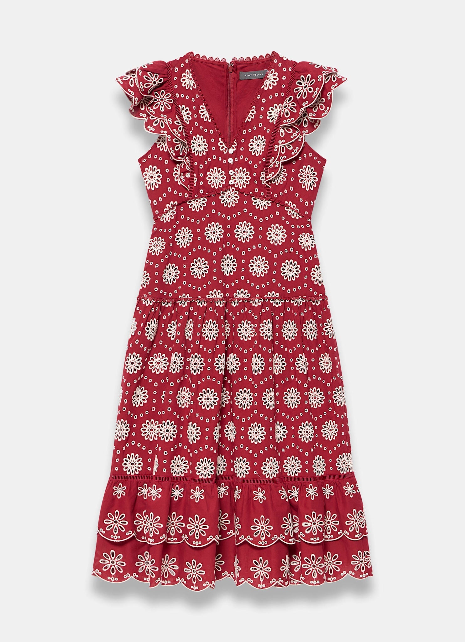 Red Cotton Broderie Midi Dress