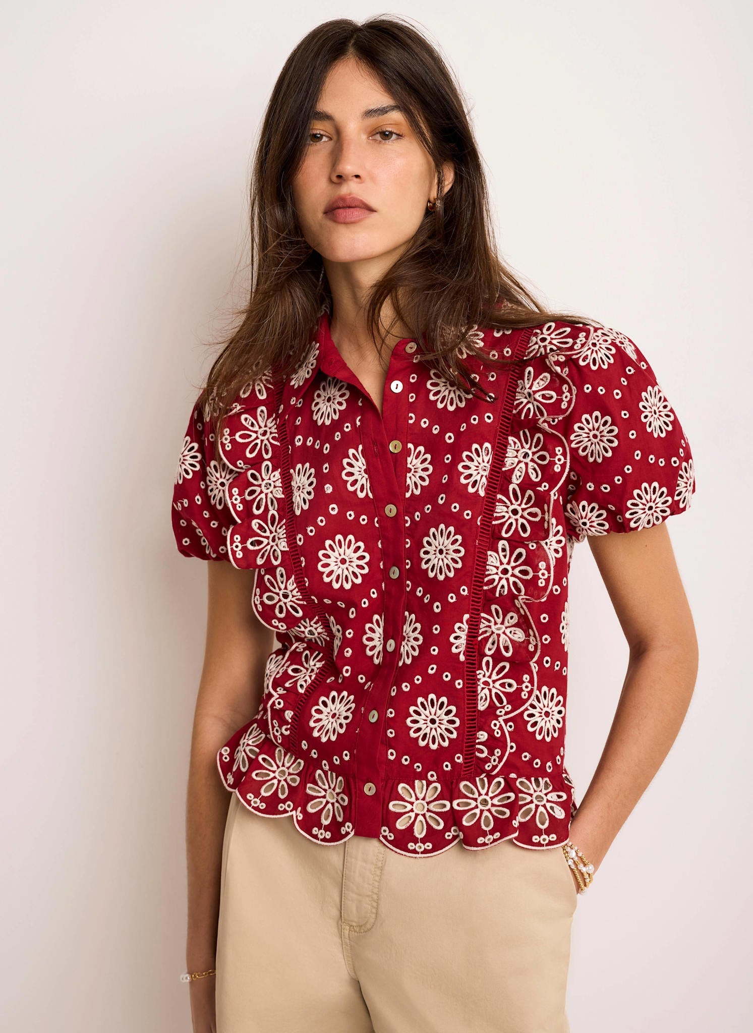 Red Cotton Broderie Shirt
