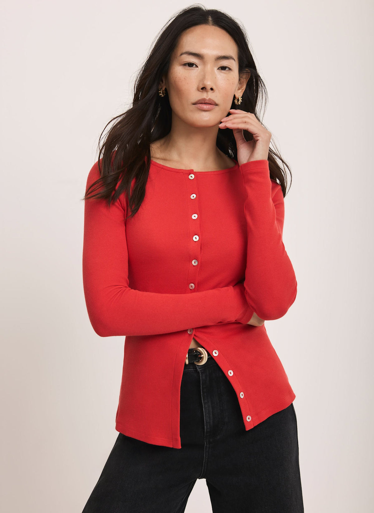 Red Cotton Blend Button Detail Top