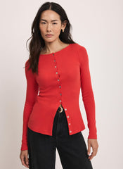 Red Cotton Blend Button Detail Top