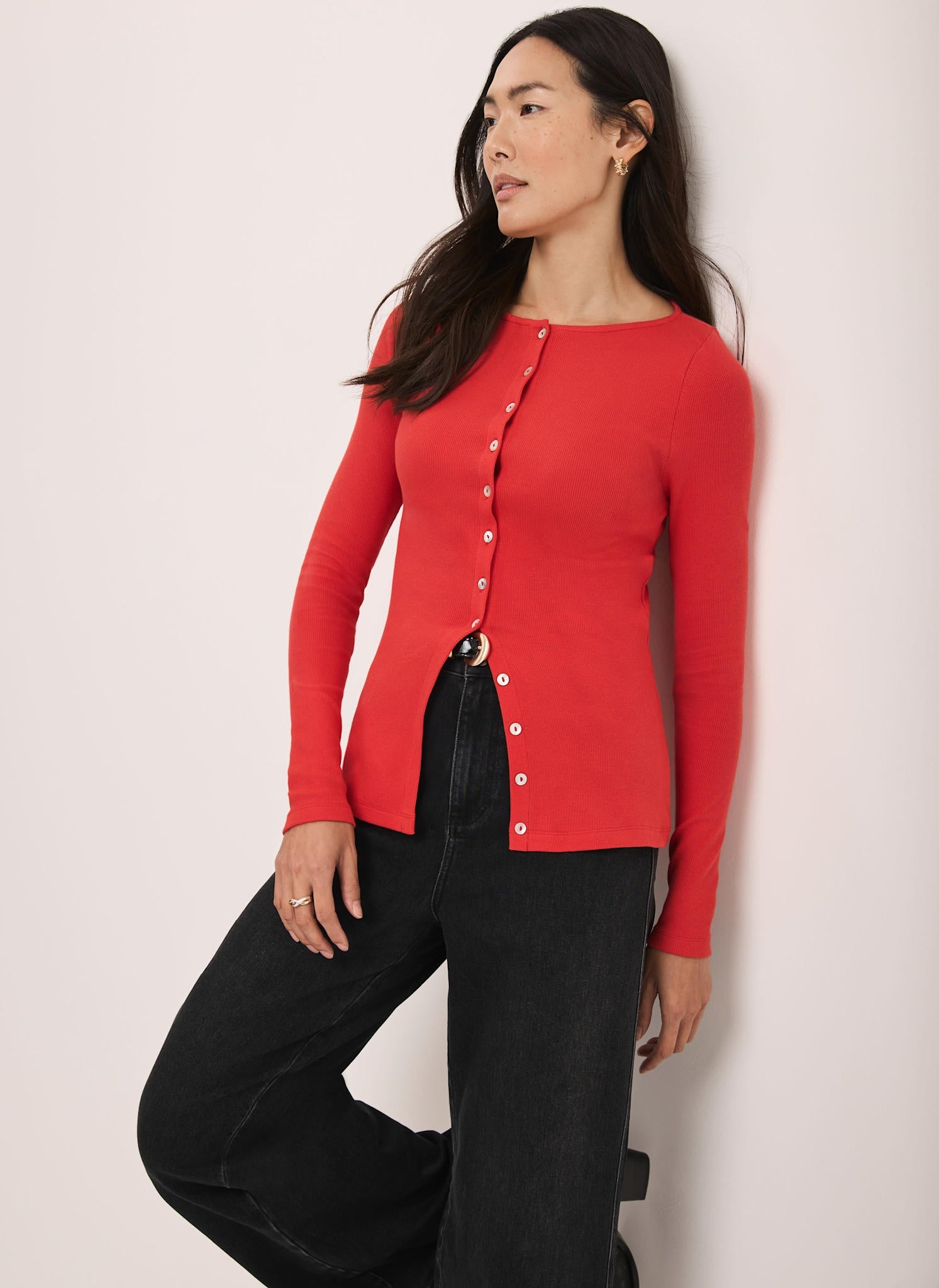 Red Cotton Blend Button Detail Top