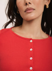 Red Cotton Blend Button Detail Top