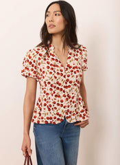Red Cherry Print Puff Sleeve Top