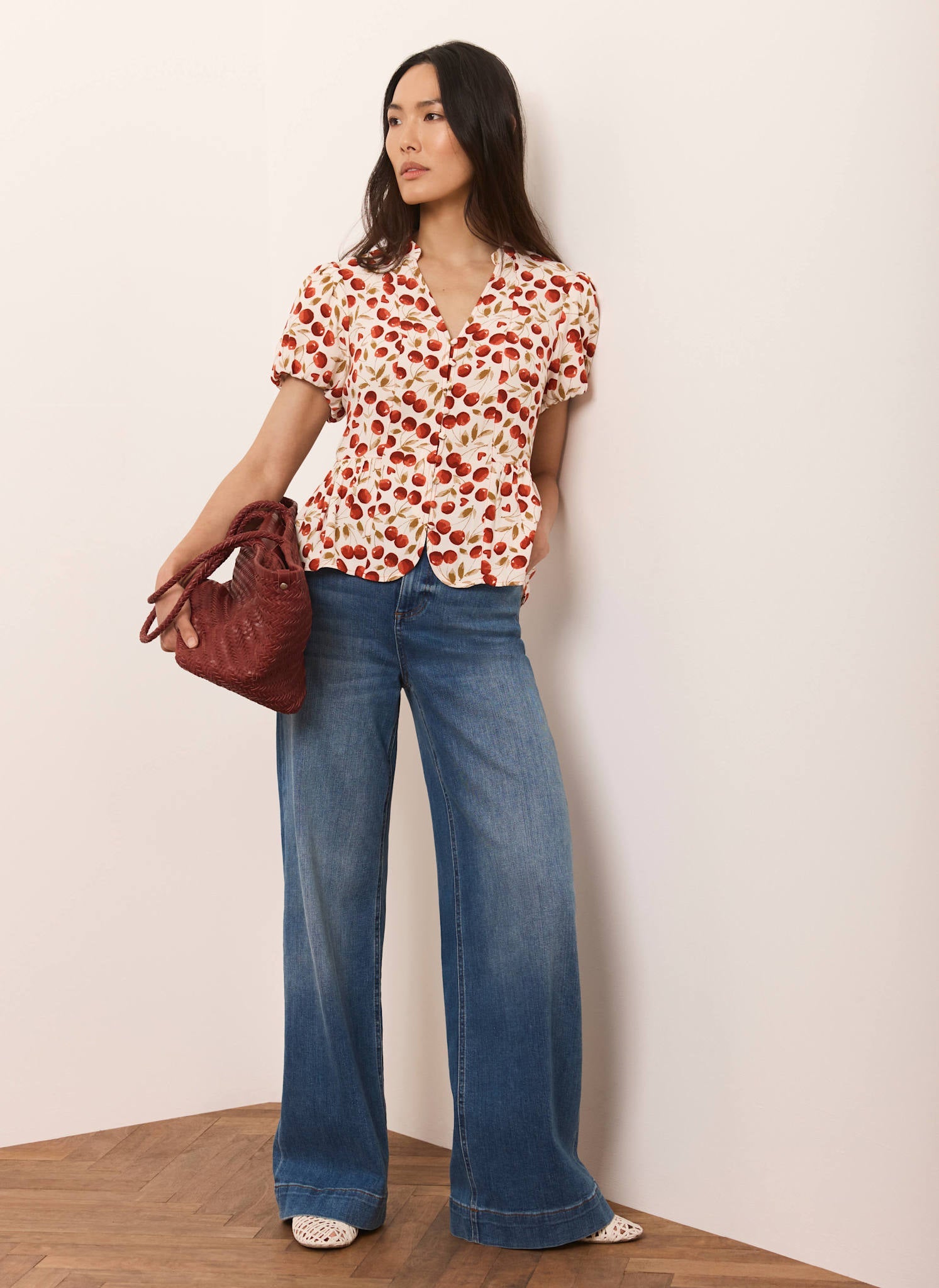 Red Cherry Print Puff Sleeve Top