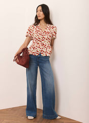Red Cherry Print Puff Sleeve Top