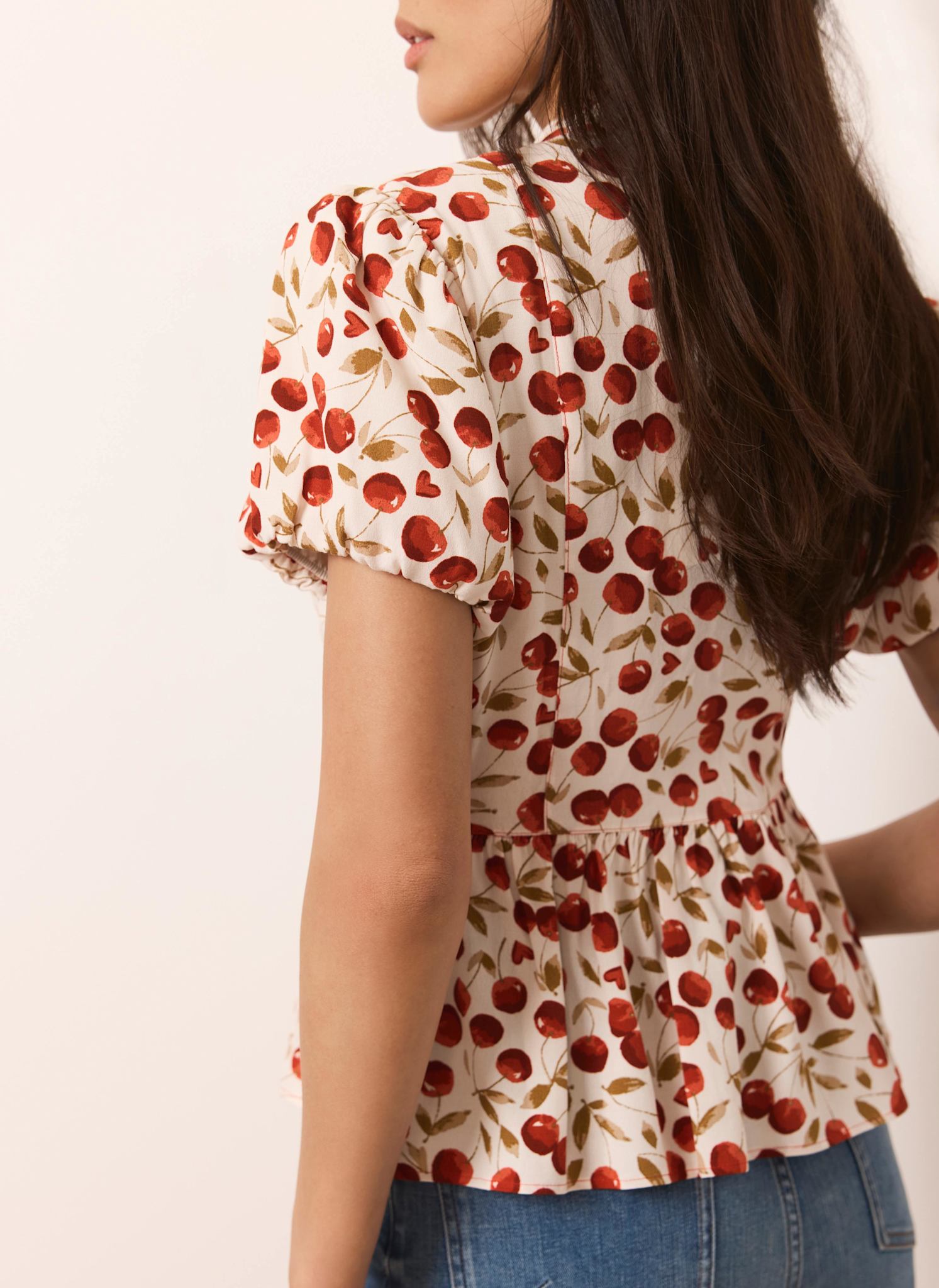 Red Cherry Print Puff Sleeve Top