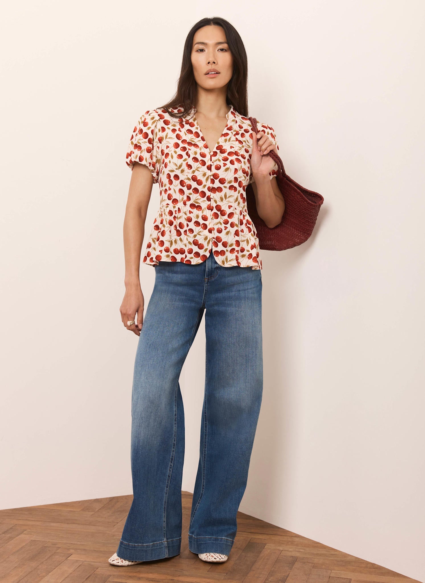 Red Cherry Print Puff Sleeve Top