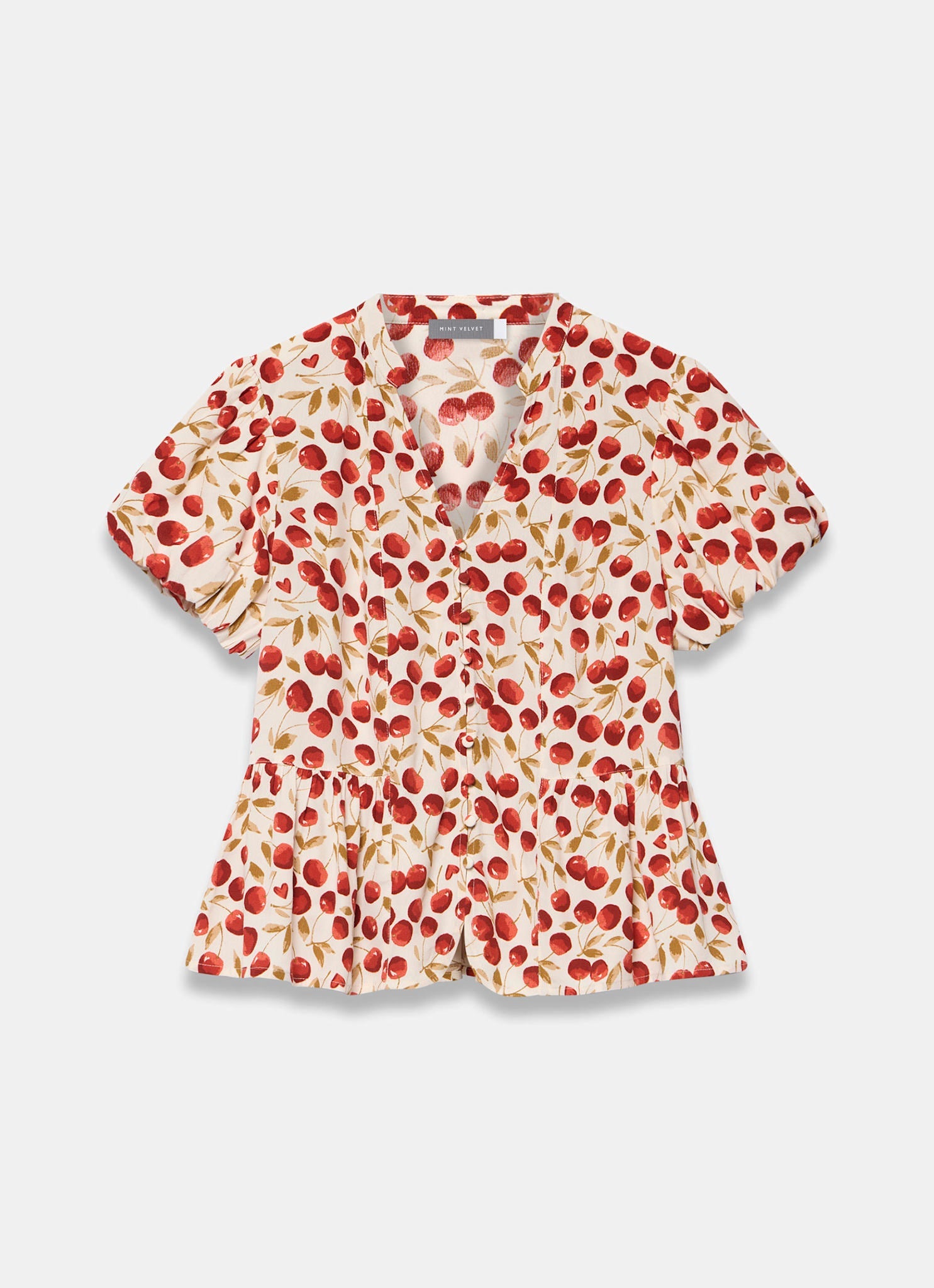 Red Cherry Print Puff Sleeve Top