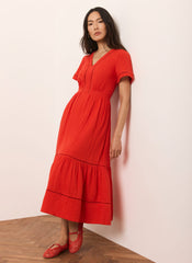 Red Cotton Cheesecloth Midi Dress
