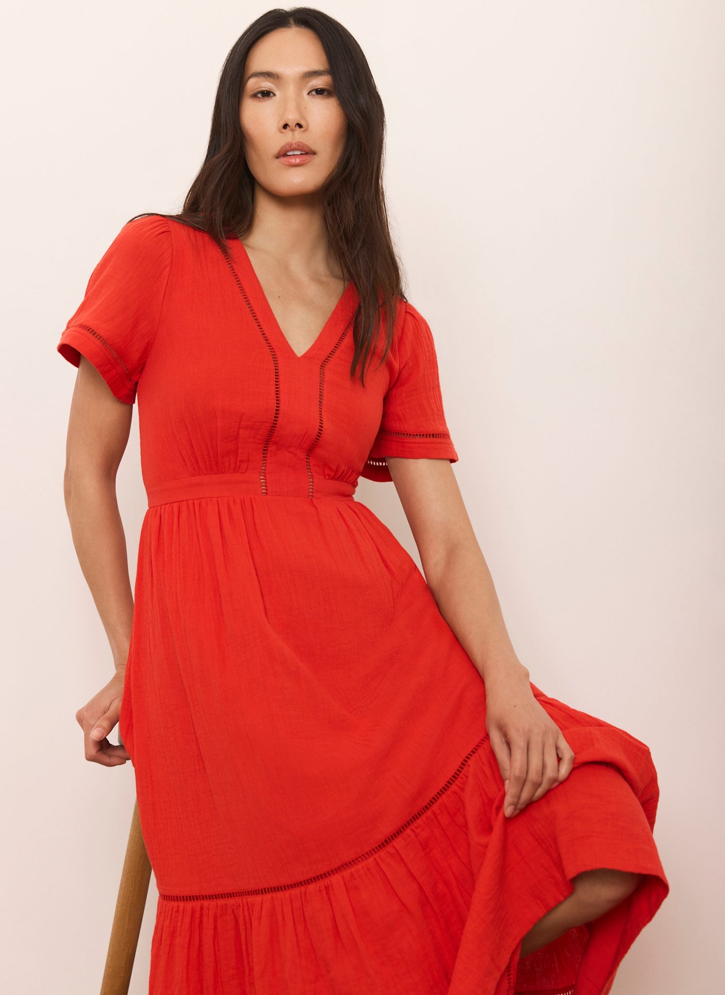 Red Cotton Cheesecloth Midi Dress