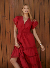 Red Cotton Ruffle Midi Dress