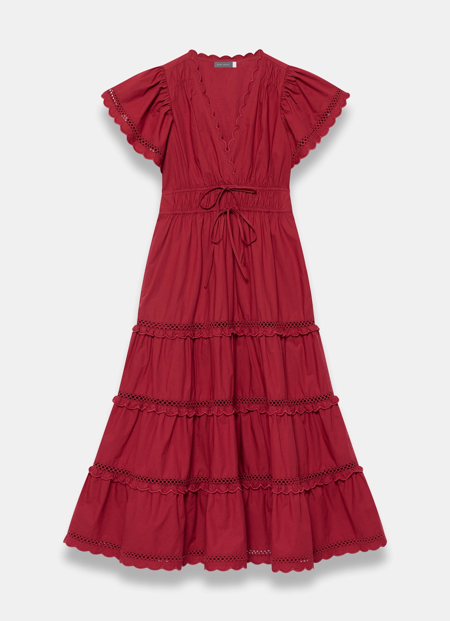 Red Cotton Ruffle Midi Dress
