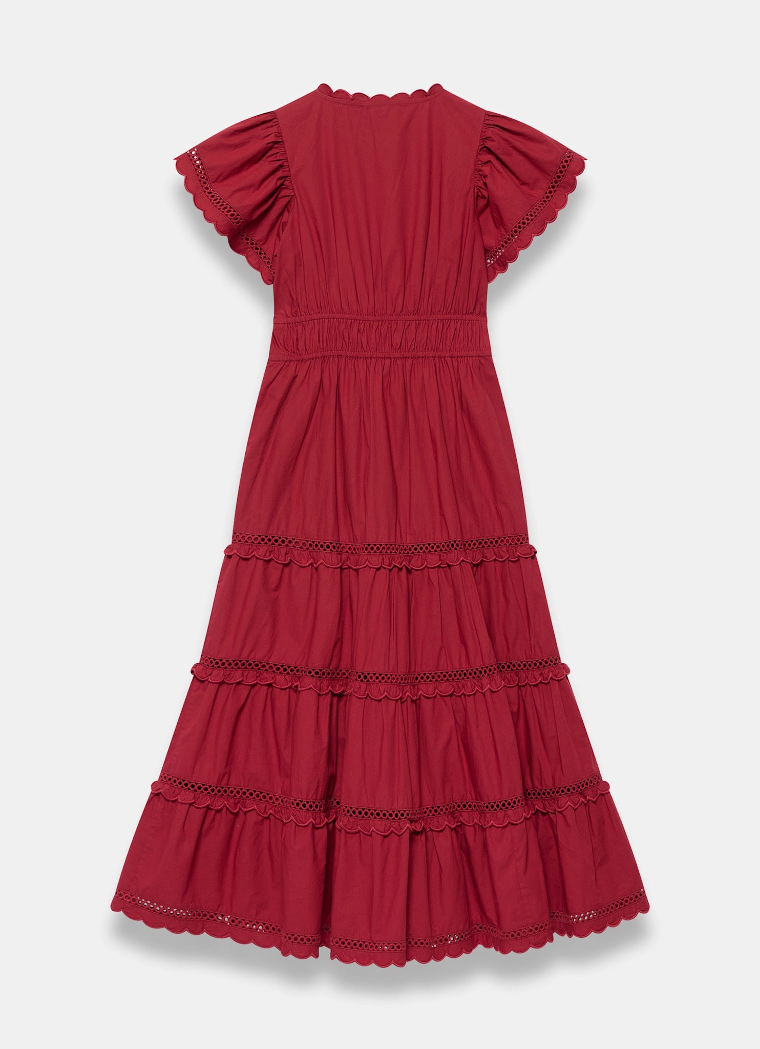 Red Cotton Ruffle Midi Dress