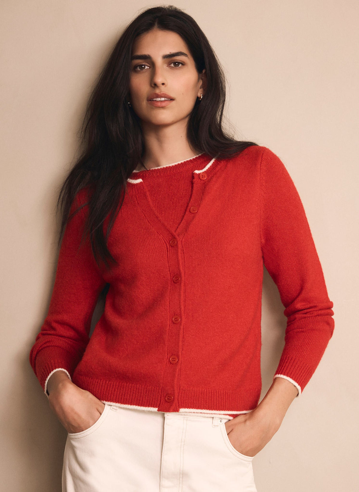 Red Layered Tipped Knit Cardigan