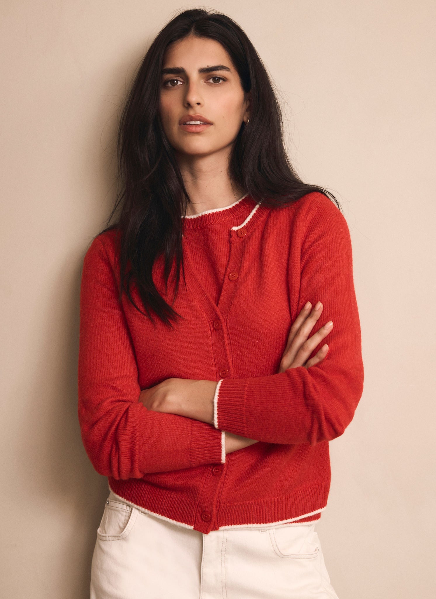Red Layered Tipped Knit Cardigan
