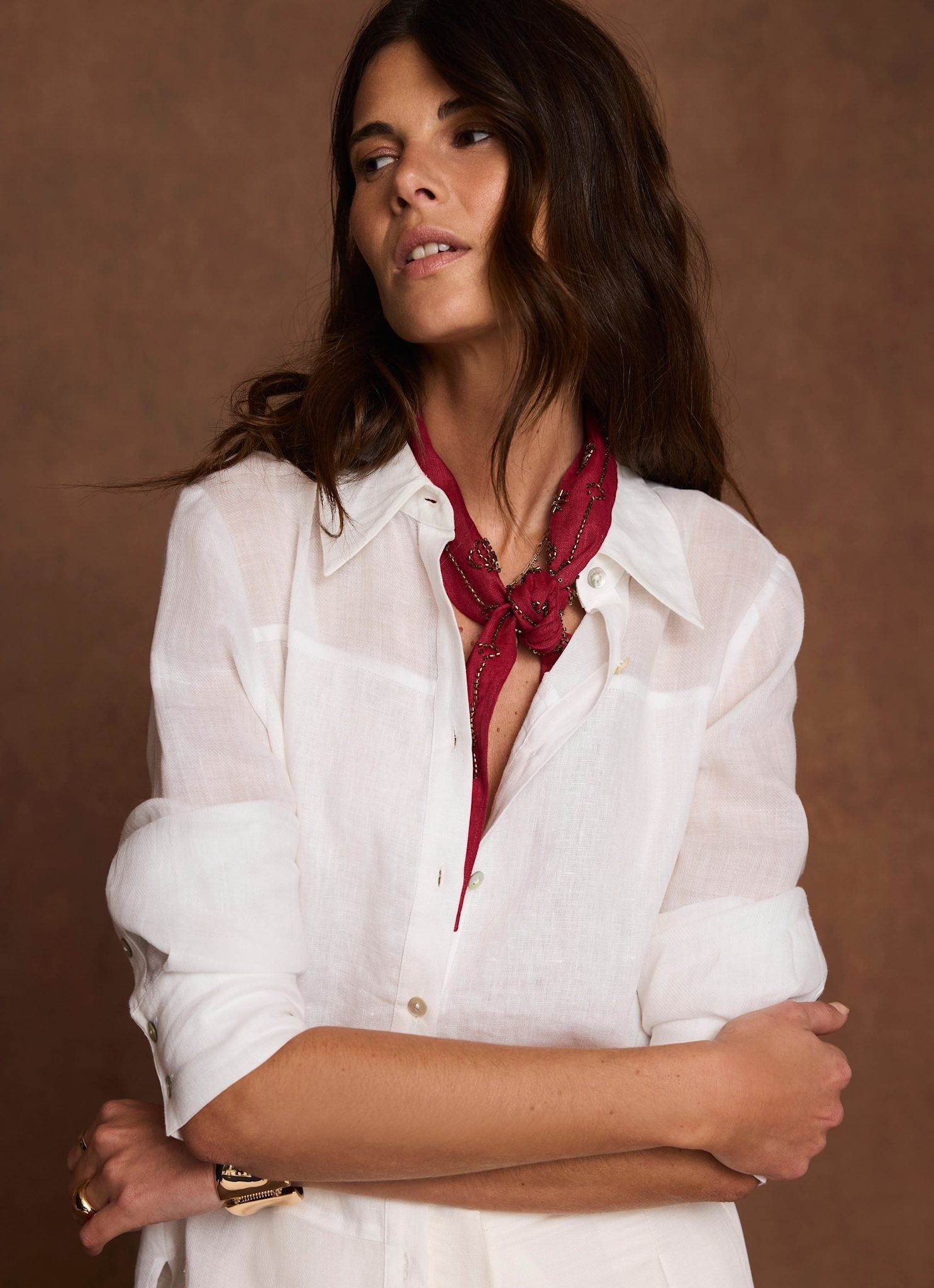 Red Linen Embellished Neck Scarf