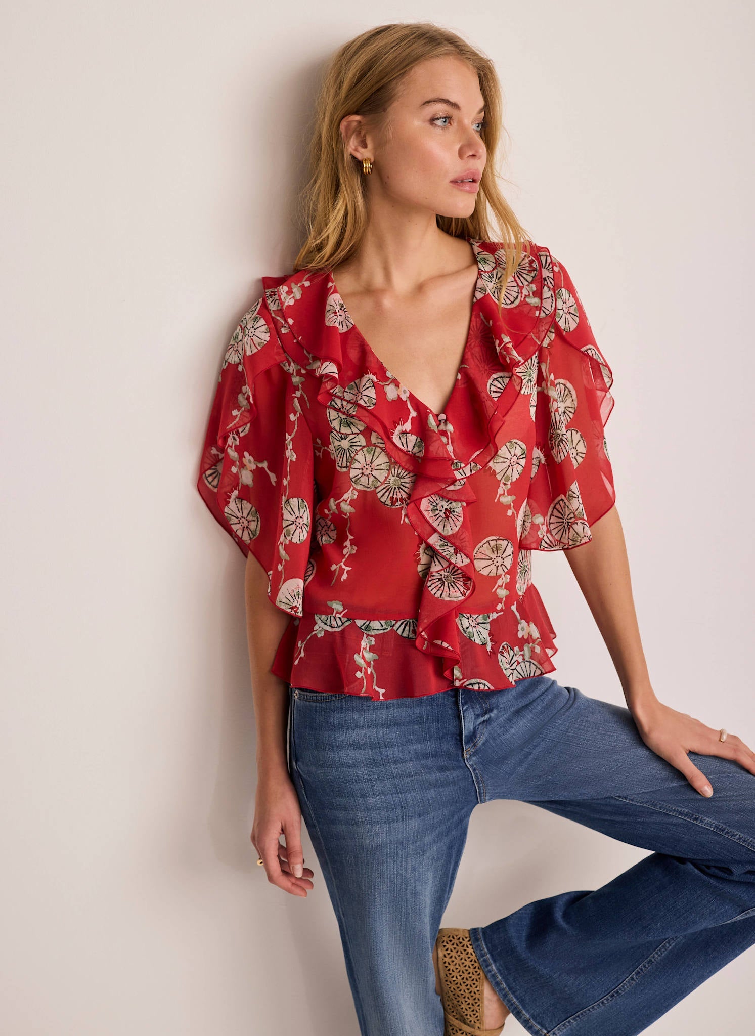 Red Printed Ruffle Blouse