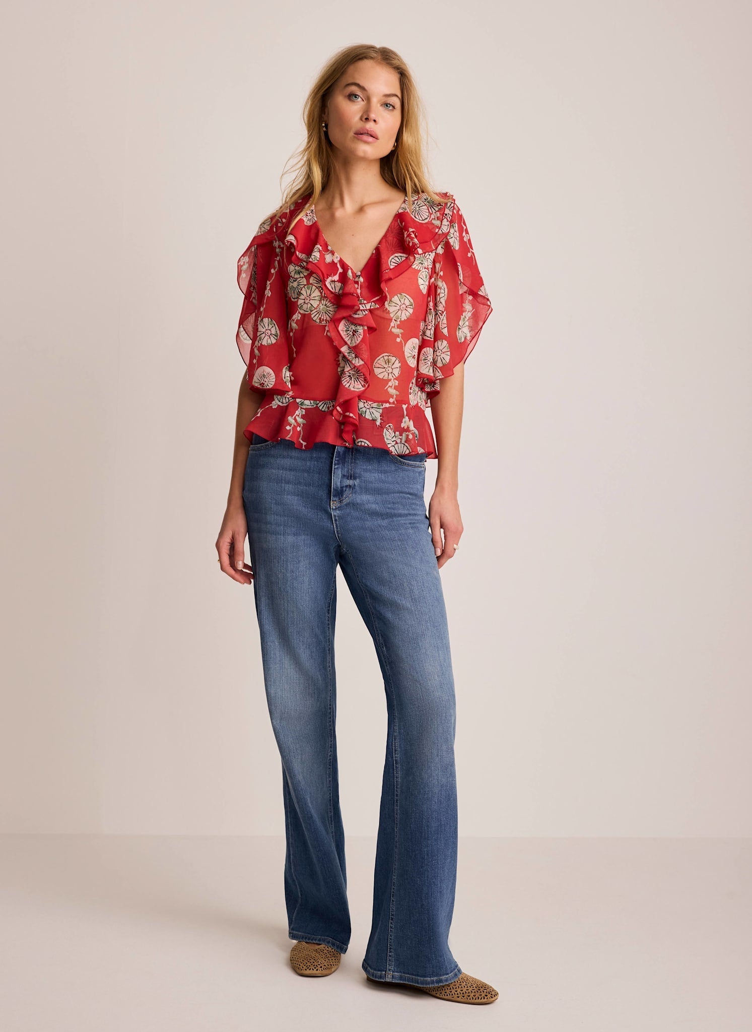 Red Printed Ruffle Blouse