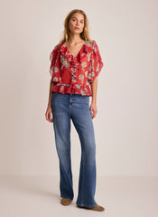 Red Printed Ruffle Blouse