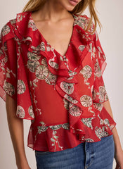 Red Printed Ruffle Blouse
