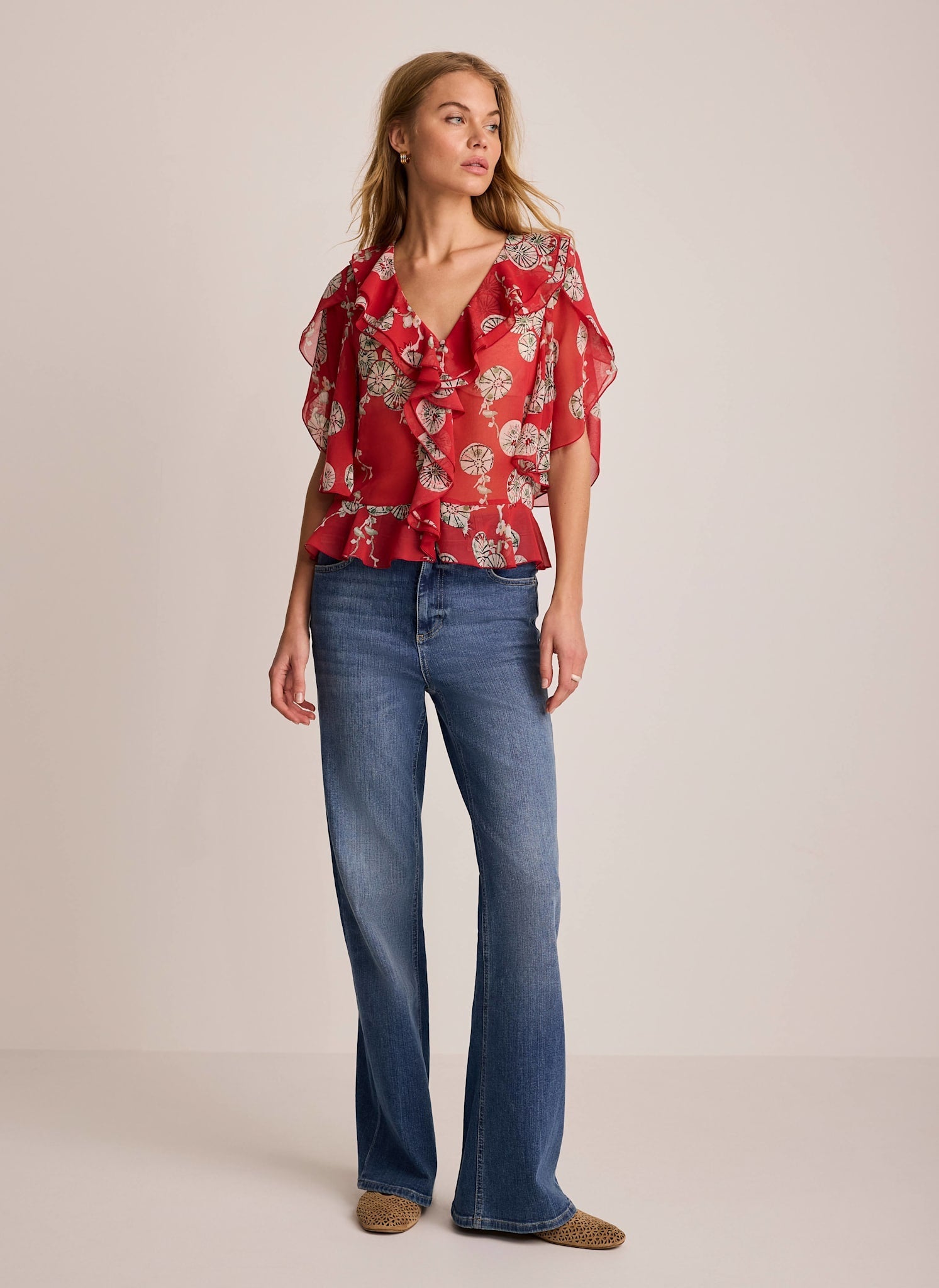 Red Printed Ruffle Blouse