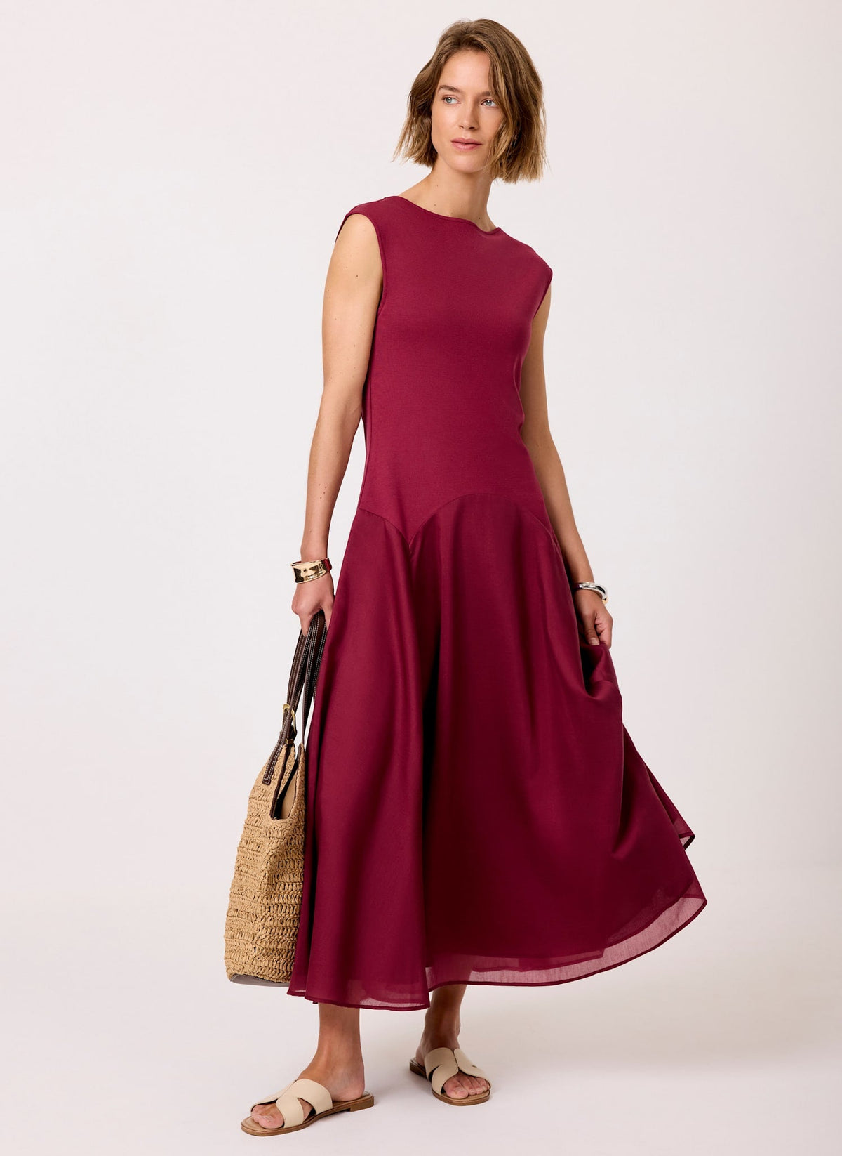 Burgundy Sleeveless Drop Waist Midi Dress