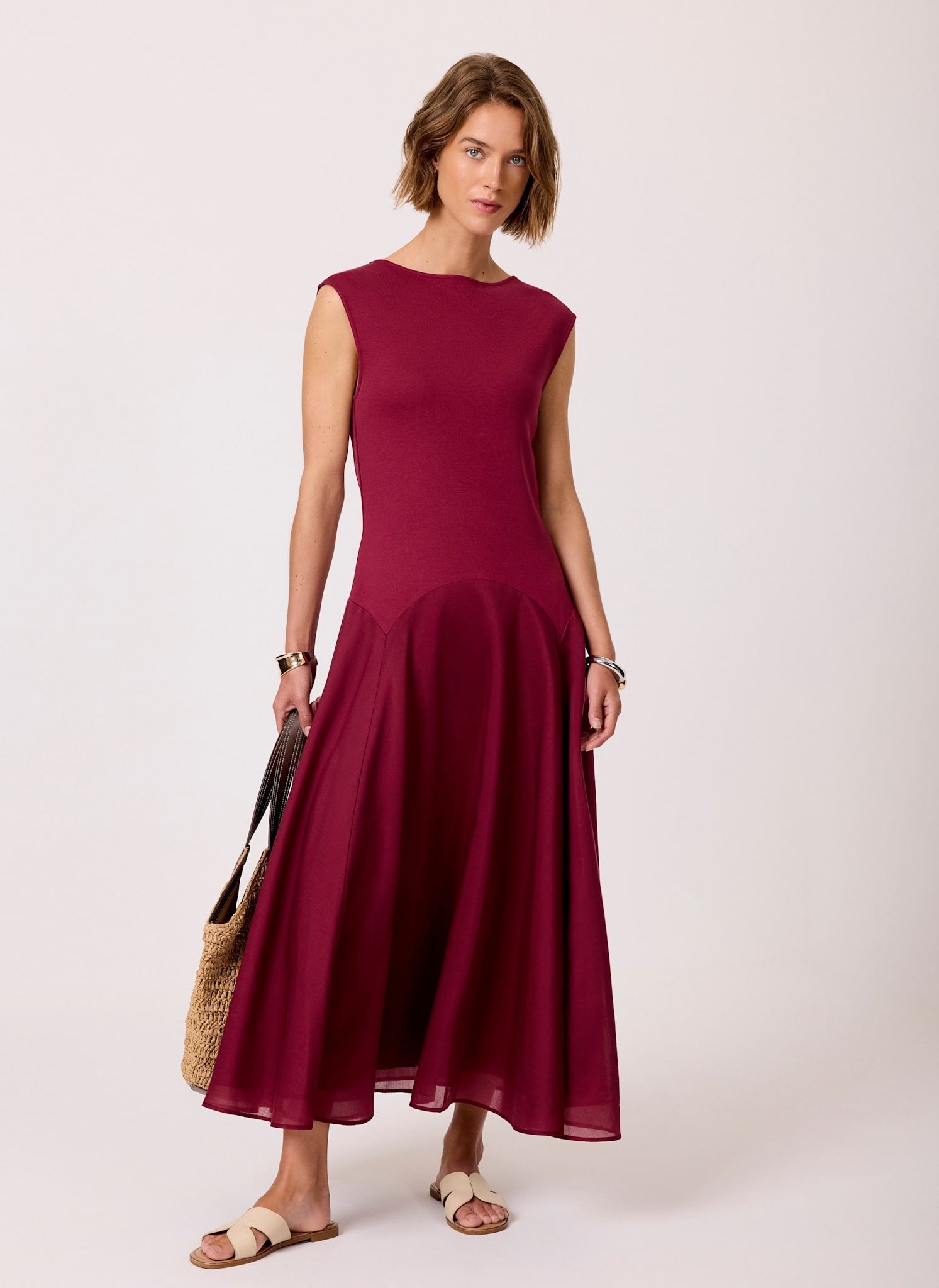 Burgundy Sleeveless Drop Waist Midi Dress