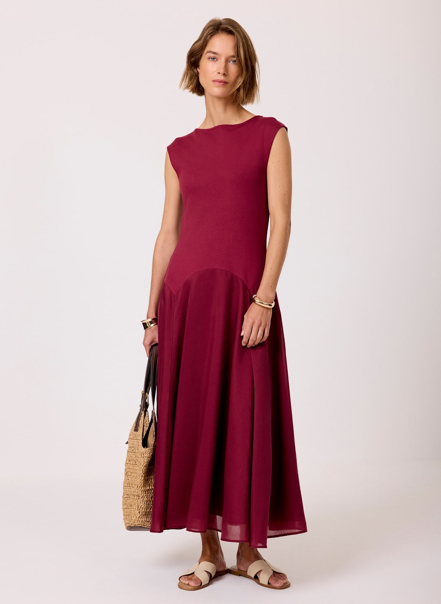 Burgundy Sleeveless Drop Waist Midi Dress