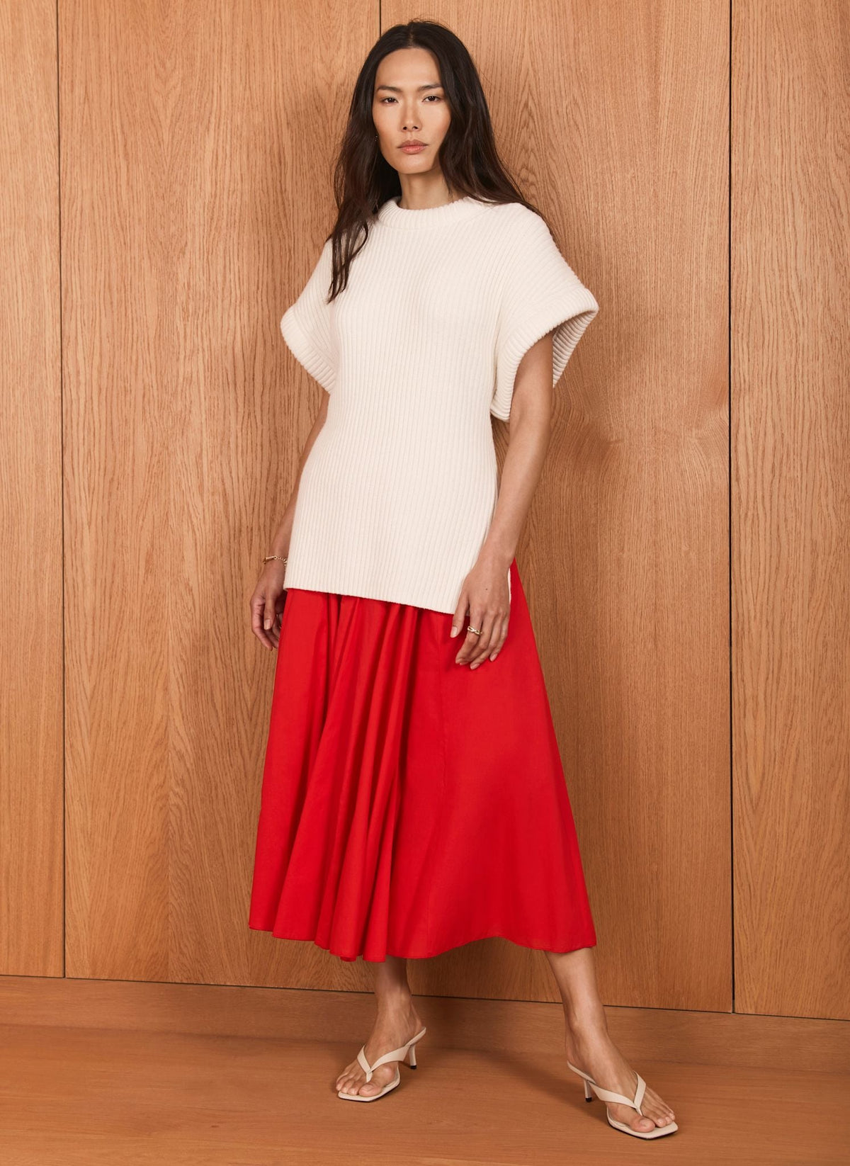 Red Cotton Full Midi Skirt