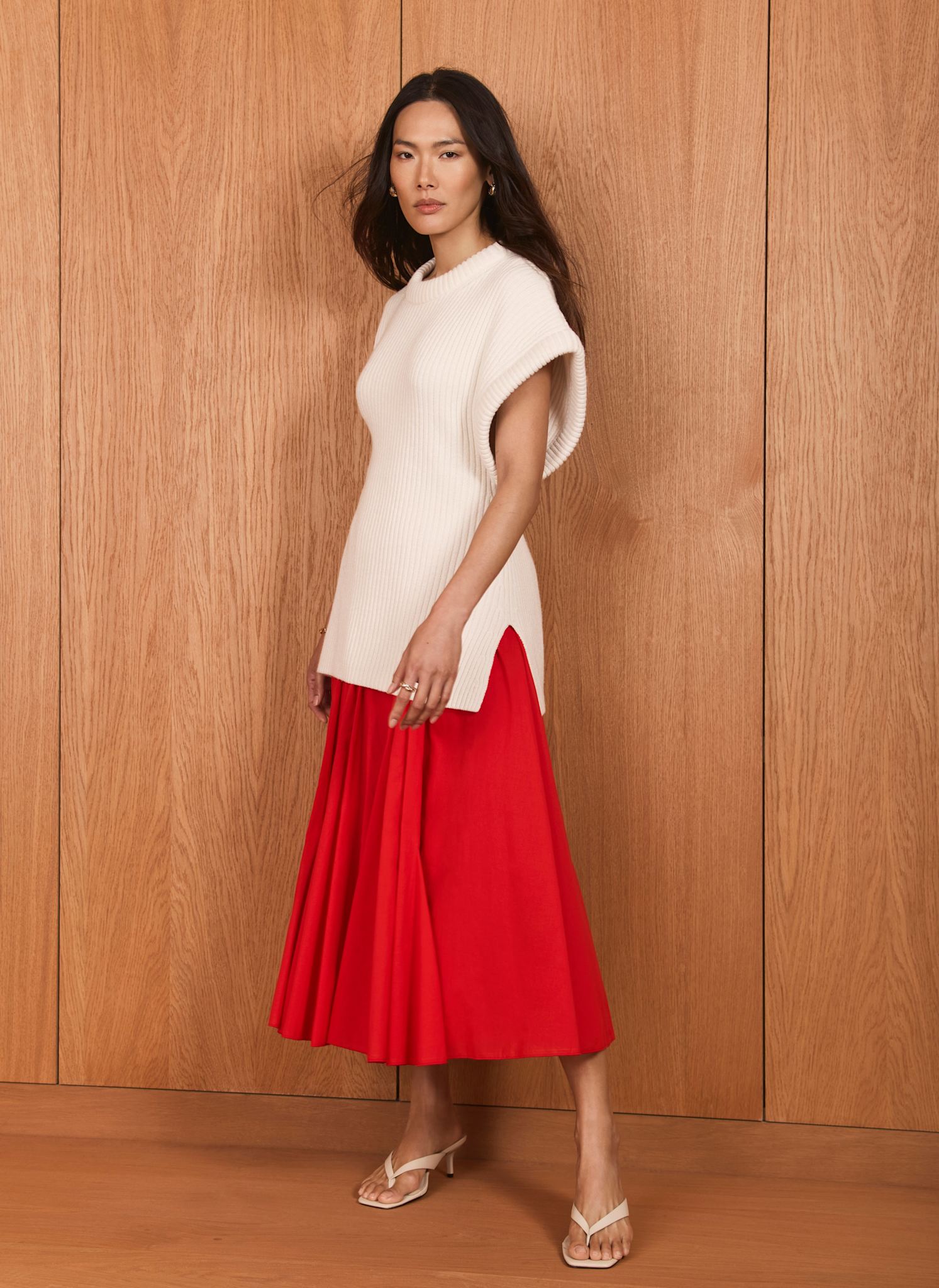 Red Cotton Full Midi Skirt