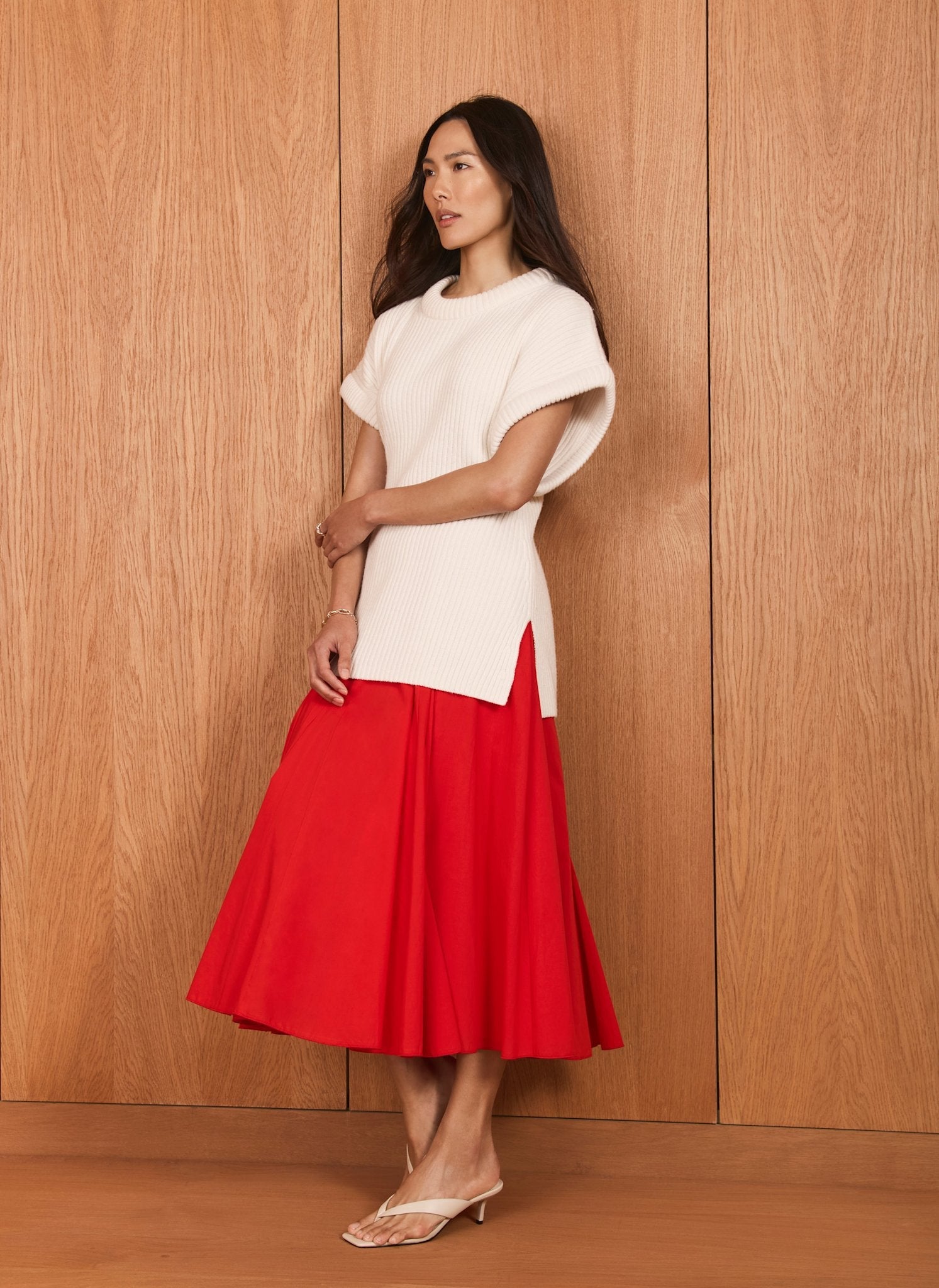 Red Cotton Full Midi Skirt