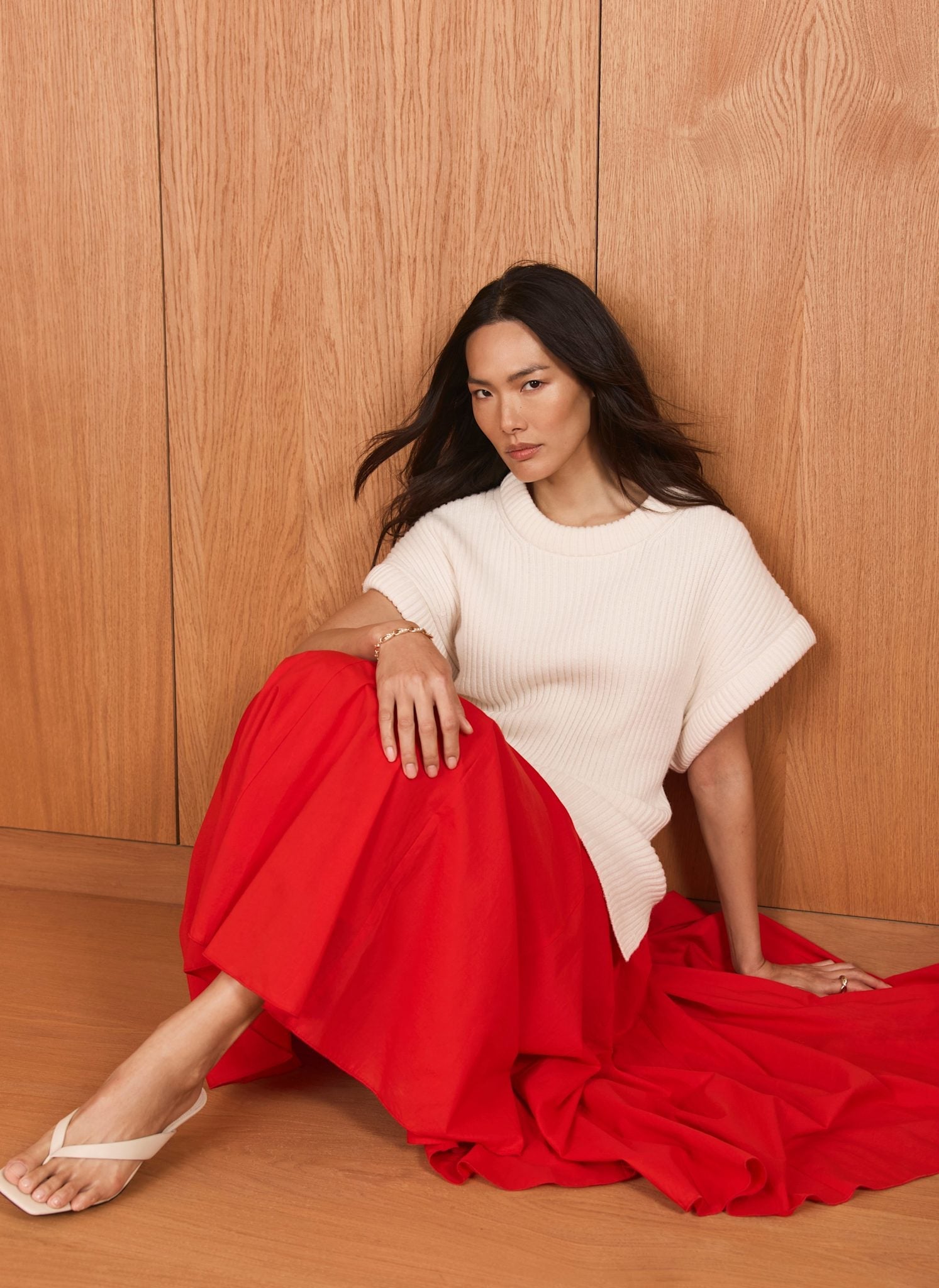 Red Cotton Full Midi Skirt