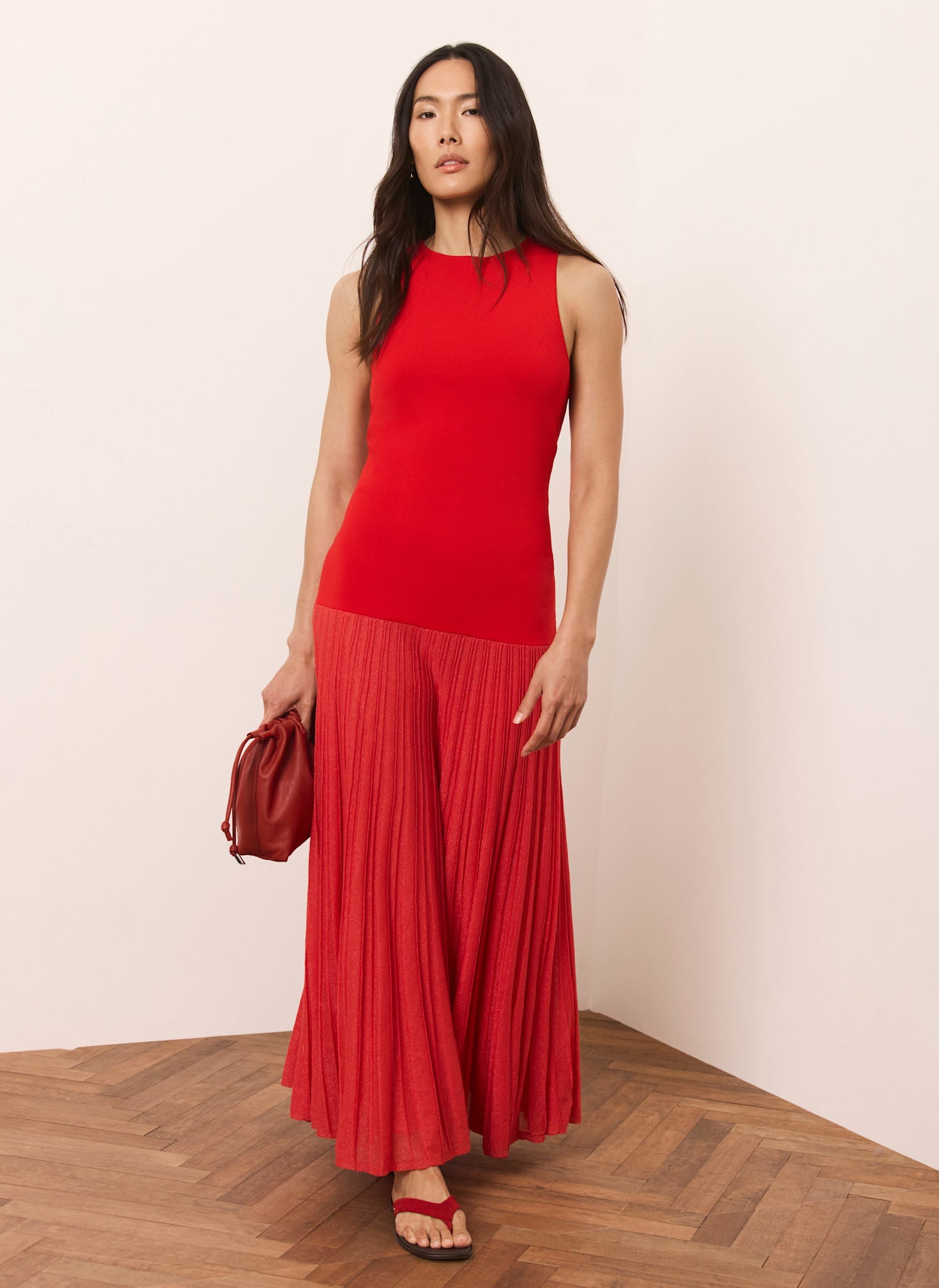 Red Knit Pleated Maxi Dress