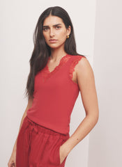 Red Cotton Blend Lace Detail Top