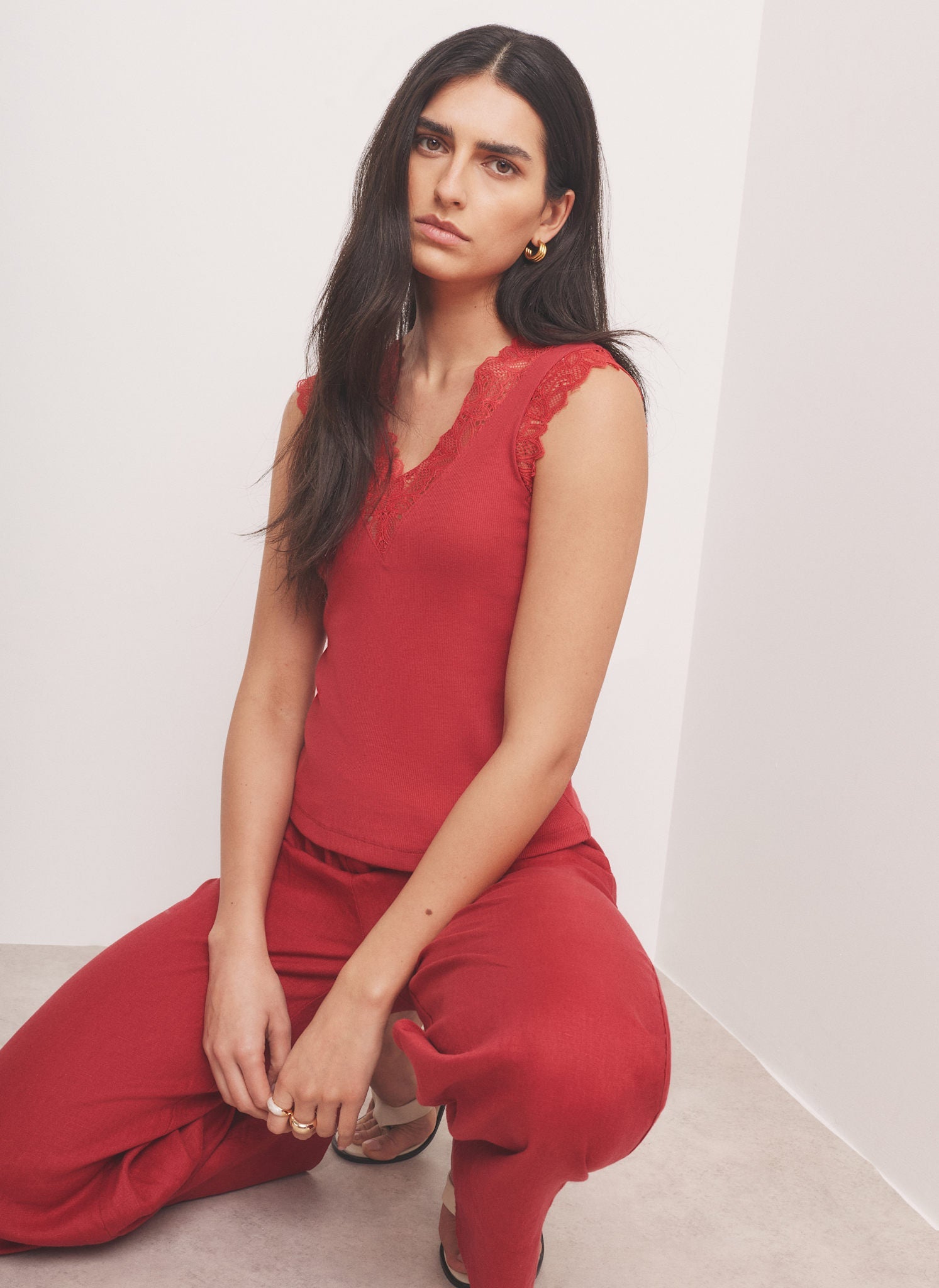 Red Cotton Blend Lace Detail Top