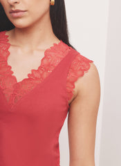 Red Cotton Blend Lace Detail Top