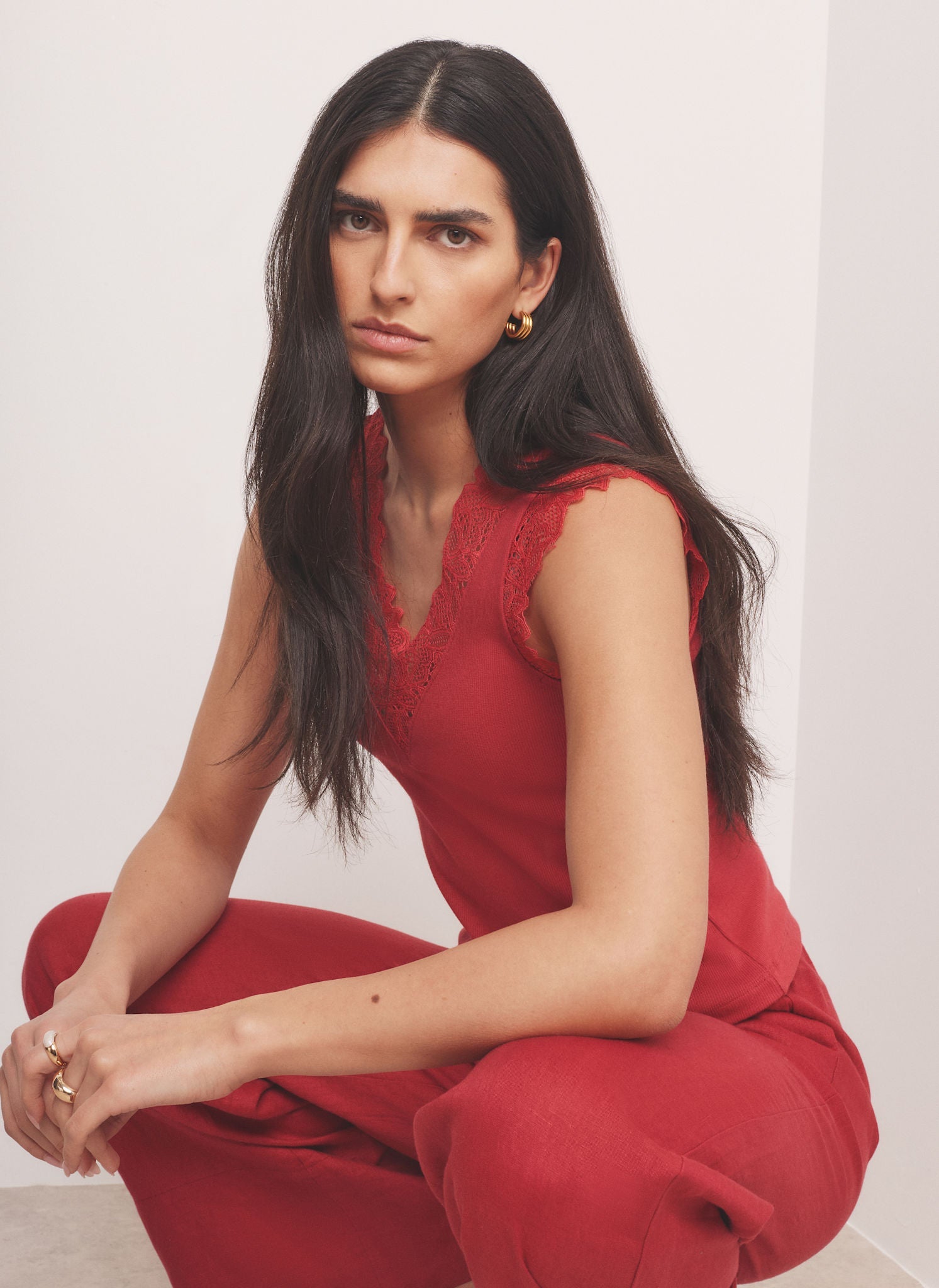 Red Cotton Blend Lace Detail Top