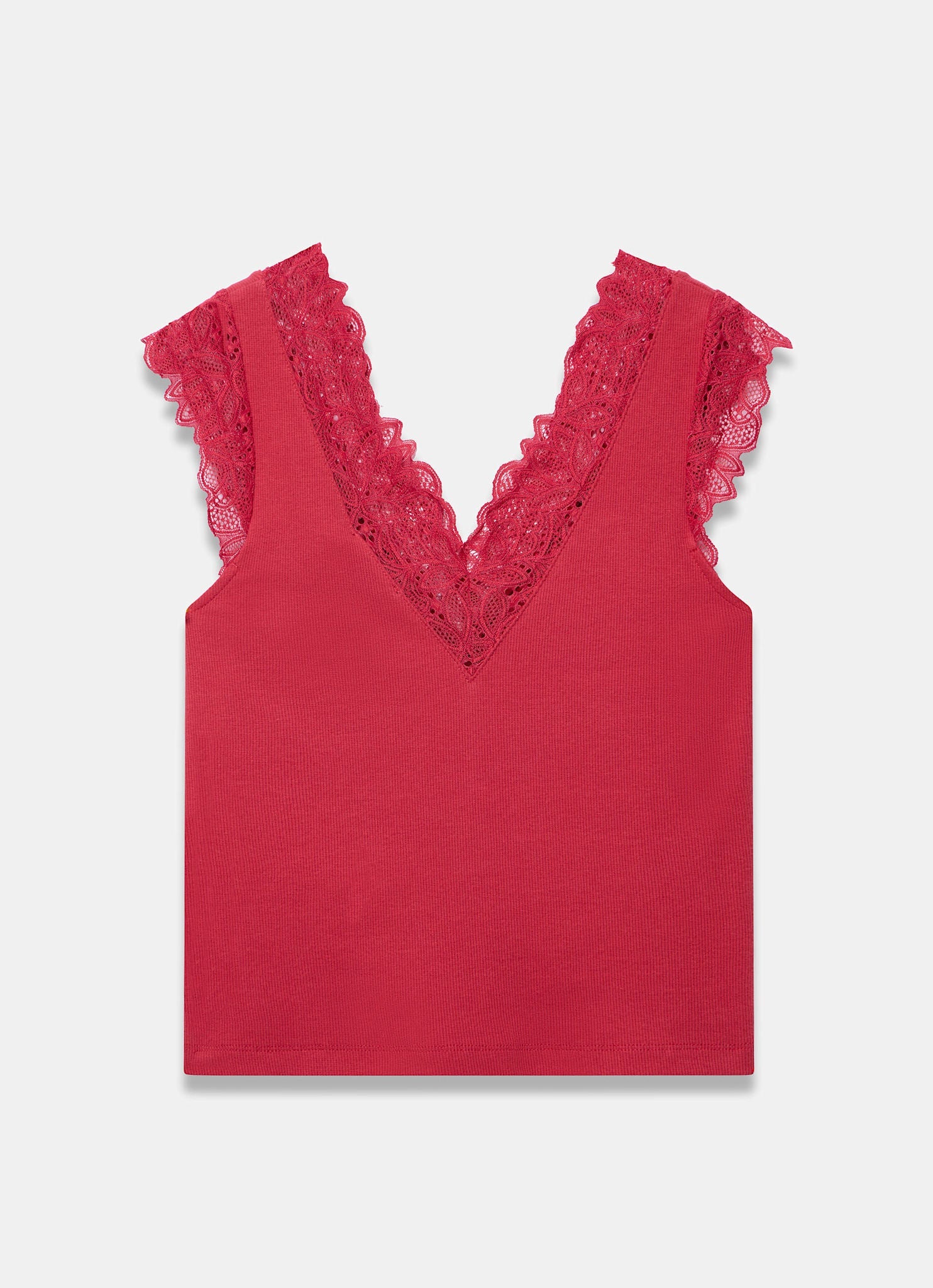 Red Cotton Blend Lace Detail Top