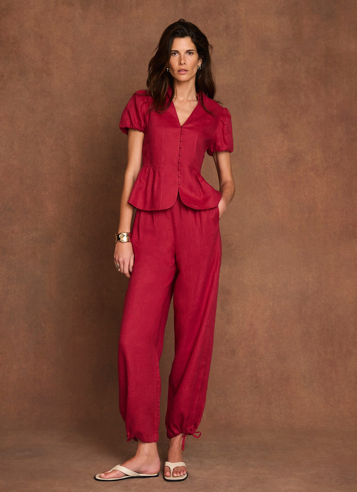 Red Linen Balloon Trousers