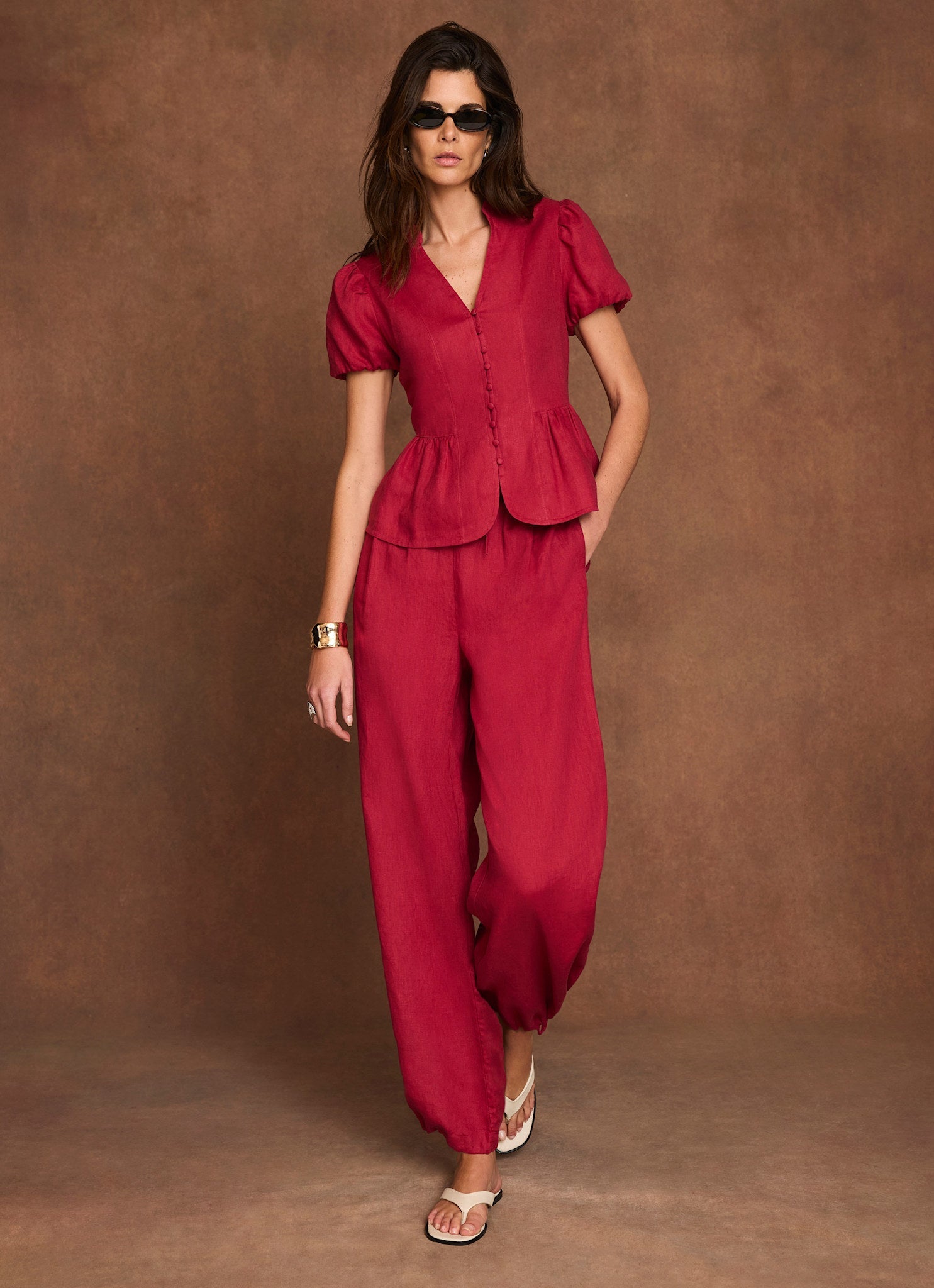 Red Linen Balloon Trousers