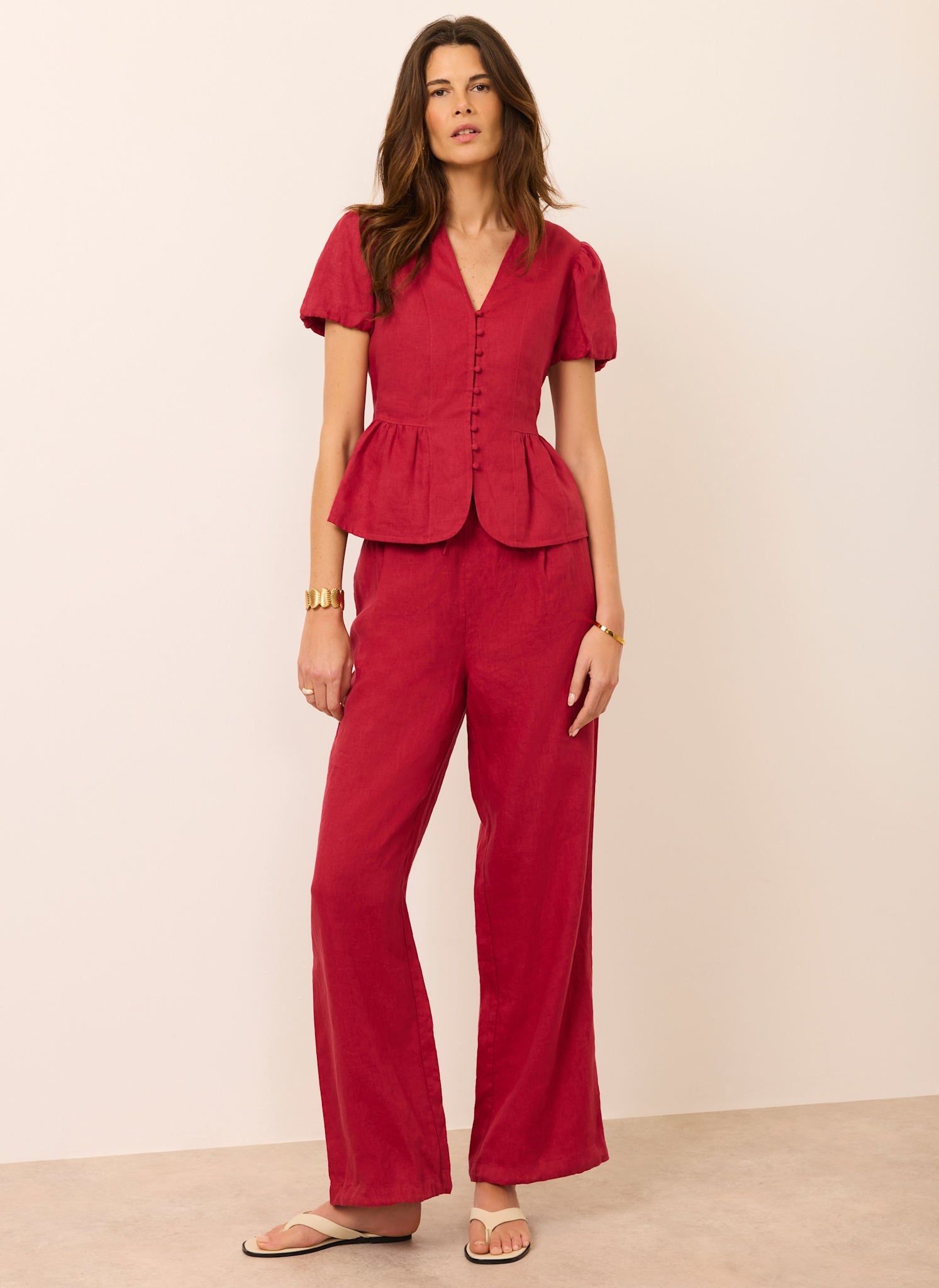 Red Linen Balloon Trousers